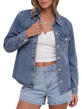 Women's Dark Blue Denim Trendy Long Sleeve Distressed Jean Button Down Jacket